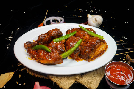 grilled chicken wings with chilli sauce and garlic on black backgroundの写真素材