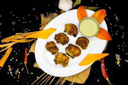 Meatballs with sauce on a black background. Selective focus.の写真素材