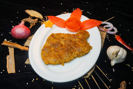 Fried pork cutlet with carrot and garlic on a white plateの写真素材