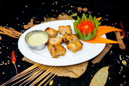 Grilled pork with sauce and vegetable on black background, Thailand.の写真素材
