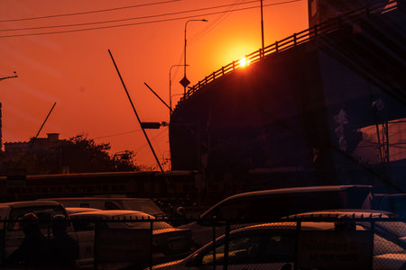 traffic on the road at sunset.の写真素材