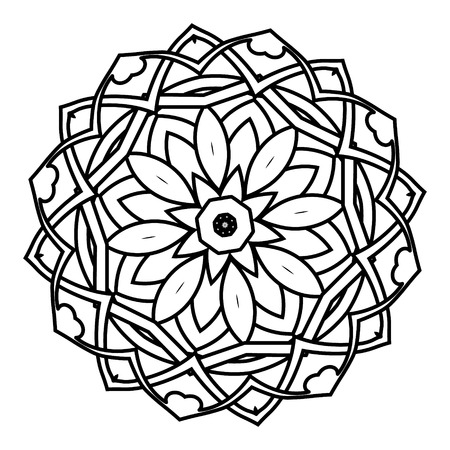 Abstract kaleidoscope Ornament round mandala. Geometric circle kaleidoscope element vector. Henna tattoo mandala.black and white circle ornament, ornamental round lace.のイラスト素材