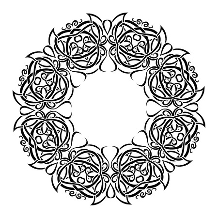 Abstract kaleidoscope Ornament round mandala. Geometric circle kaleidoscope element vector. Henna tattoo mandala.black and white circle ornament, ornamental round lace.のイラスト素材