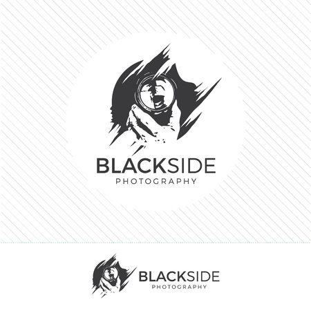 abstract silhouette photography logo. Vintage style camera icon vector with photographer holding a lens.のイラスト素材