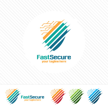 Shield security logo design vector. Security guard symbol icon. Protection shield vector with technology symbol.のイラスト素材