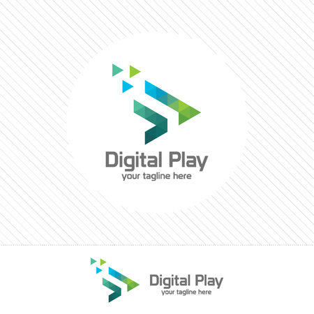 Colorful media play logo design vector with triangle pixel.のイラスト素材