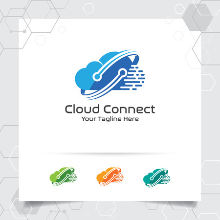 Cloud hosting logo vector design with concept of digital and connect symbol. Cloud computing vector illustration for hosting provider, server rack, and sharing storage.のイラスト素材