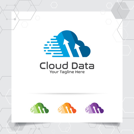 Cloud hosting logo vector design with concept of digital and data symbol. Cloud computing vector illustration for hosting provider, server rack, and sharing storage.のイラスト素材