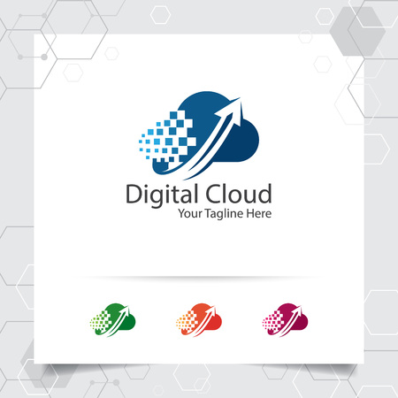 Cloud hosting logo vector design with concept of data upload symbol. Cloud computing vector illustration for hosting provider, server rack, and sharing storage.のイラスト素材