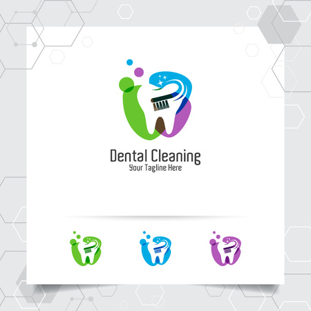 Dental logo dentist vector design with concept of toothbrush and tooth icon . Dental care for hospital, doctor, clinic, and health.のイラスト素材