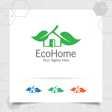 Green house logo design vector with concept of home and leaf icon illustration for real estate, property, residence and mortgage.のイラスト素材