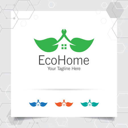 Green house logo design vector with concept of home and leaf icon illustration for real estate, property, residence and mortgage.のイラスト素材