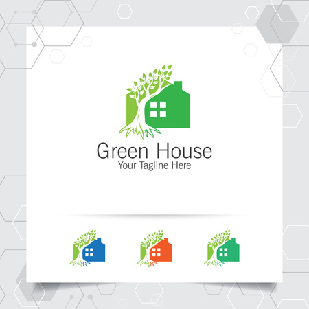 Green house logo design vector with concept of home and leaf icon illustration for real estate, property, residence and mortgage.のイラスト素材