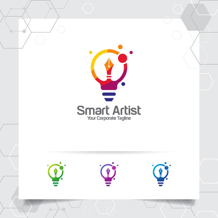 Writer logo bulb idea design concept of pencil icon and colorful lamp vector. Creative idea logo used for studio, professional and agency.のイラスト素材