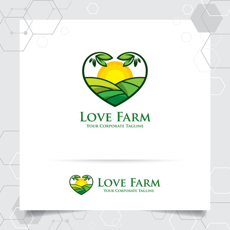 Agriculture logo design with concept of leaves icon and plantation land vector. Green nature logo used for agricultural systems, farmer, and plantation products.のイラスト素材