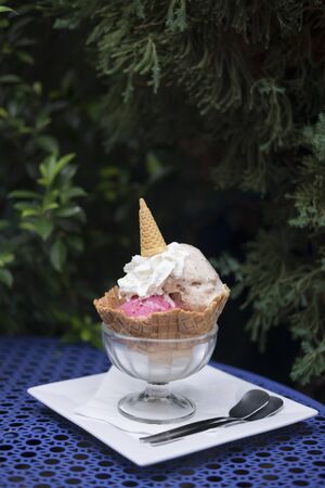 raspberry and vanilla ice cream gelato in cup.