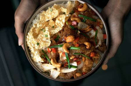 Thai Fusion Spicy food menu with rice in bowlの写真素材