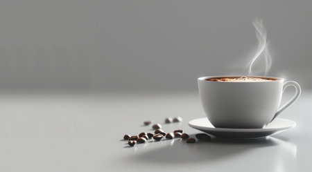 Steaming coffee cup and coffee beans on white background. 3d renderingの素材