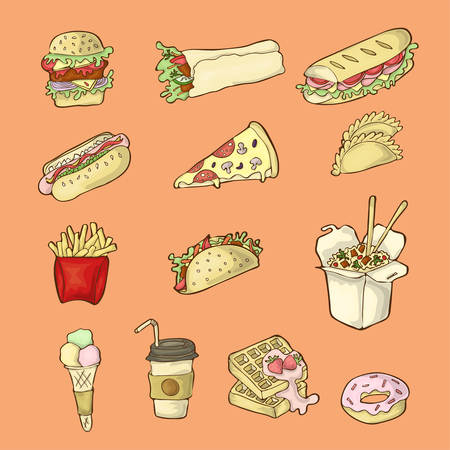 Color cartoon icon set of street food.のイラスト素材
