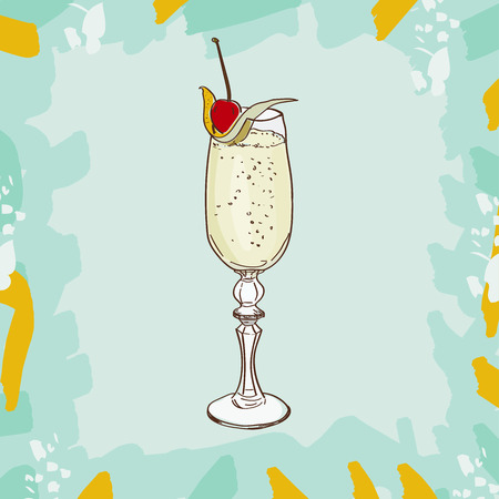 Cocktail French 75classic contemporary bar drink cocktail. Consisting of Gin, Lemon, Sugar Syrup, Champagne. Set of drawings of contemporary classic drinks. Sketch, hand drawn vector.のイラスト素材