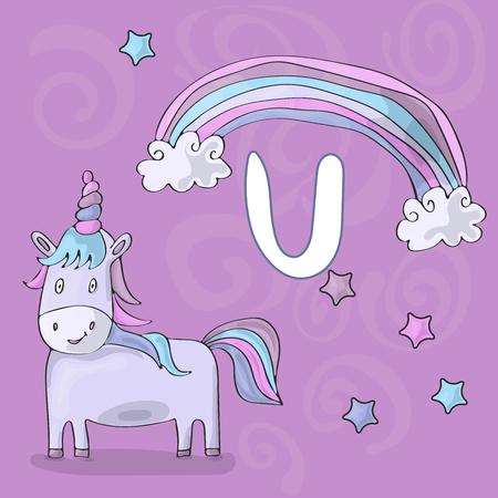 Illustrated alphabet letter U and Unicorn. ABC book image vector cartoon. Magic unicorn, rainbow and stars on a purple sky. Children illustrated alphabet character.のイラスト素材