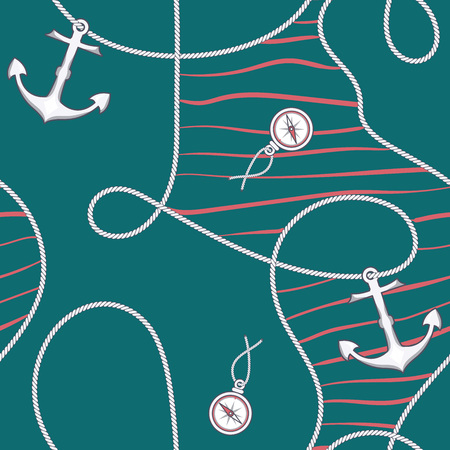 Elegant trendy modern vector seamless pattern with beautiful fashion anchor, compass and marine rope on a navy blue background. For textile, dress, wallpaper, backrounds, clotches and accessory.のイラスト素材