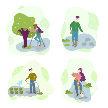 Man and woman in rural. Water the vegetables, sow, dig the ground, collect fruit. Season agriculture harvest work scene set. Isolated flat trendy cartoon Illustration for web and print collectionのイラスト素材