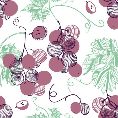 Seamless pattern of violet grapes. Bunch and vine. Vector hand drawn illustration set in modern trendy flat style for web, print posters and wallpapersのイラスト素材