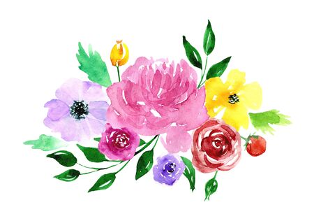Watercolor loose flowers beautiful clip art. Elegant floral bouquet, banner with pink, violet, yellow flowers and leaves, hand drawn. Design for invitation, wedding, save the date or greeting cards.の写真素材