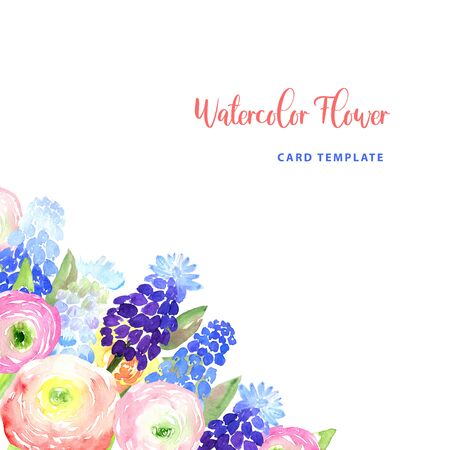 Watercolor loose style pink, red, violet, blue ranunculus and muscari flower and green leaves frame corner. Modern trendy template for invitation, wedding, banner, greeting card design, poster printの写真素材