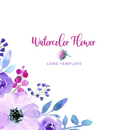 Watercolor loose style purple blue violet anemone and rose flower, blue bell, leaves corner frame. Modern trendy border template for invitation, poster, banner, wedding, greeting card designの写真素材
