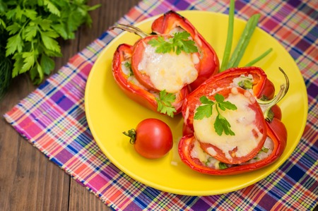 Stuffed bell peppers with rice and cheeseの写真素材