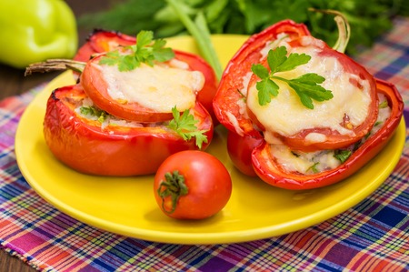 Stuffed bell peppers with rice and cheeseの写真素材