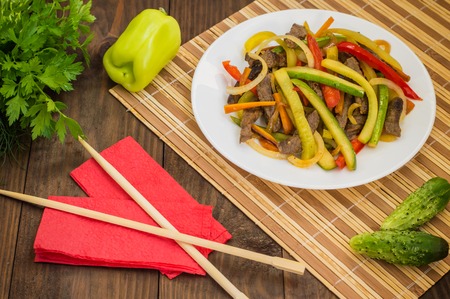 Beef Korean. Wooden background. Top view closeupの写真素材