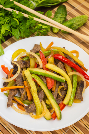 Beef Korean. Wooden background. Top view closeupの写真素材