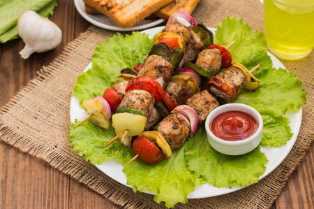 Skewers of chicken and vegetablesの写真素材