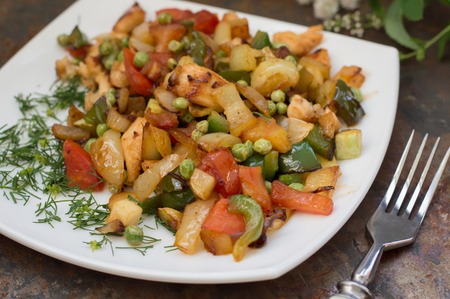 Vegetable Saute and roasted chicken.の写真素材
