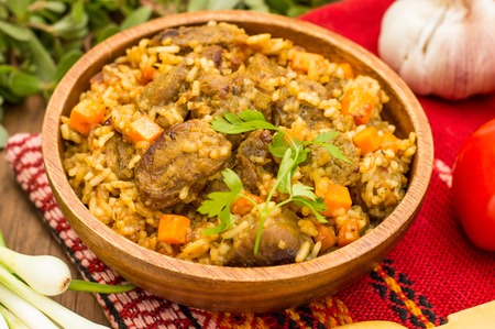 Uzbek pilaf - a dish consisting of rice and meat.の写真素材
