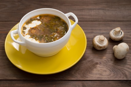 Green borscht with mushrooms. Wooden background. Top view. Close-upの写真素材