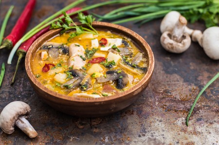 Delicious soup with smoked chicken, mushrooms, chicken eggs and cream. Old background. Top viewの写真素材