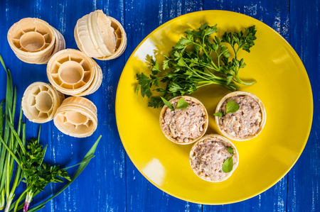 Tartlets with pate of fish and greens on a wooden blue background. Top viewの写真素材