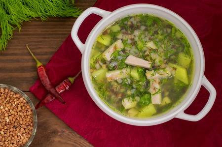 Buckwheat soup on a wooden table. Top view. Close-upの写真素材