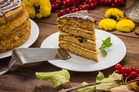 Traditional Hungarian Esterhazy cake .selective focus .Esterhazy cake with chocolate piece with a...