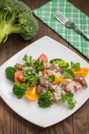 Rice with meat and vegetables. Top view. Close-upの写真素材