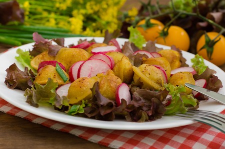 Vegetables and roasted pelmeni meat dumplings . Modern daily Russian cuisine. Wooden background. Close-up. Top viewの写真素材