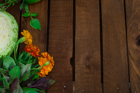 Greens on a wooden background. Top view. Close-upの写真素材