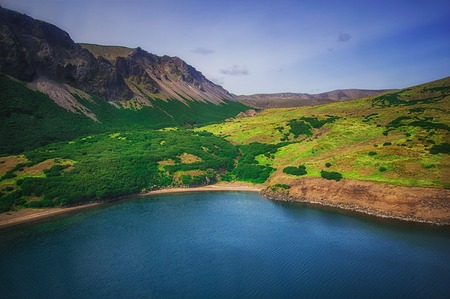 Lake in the Caldera volcano Ksudach. South Kamchatka. Russia. Nature Park. View from the helicopter.の写真素材
