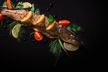 Cooked pike with tomato, lemon and dill. Black background. Top view.の写真素材