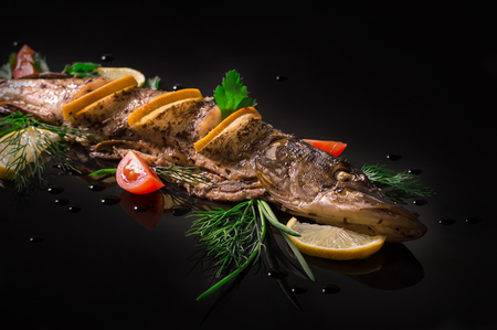 Cooked pike with tomato, lemon and dill. Black background. Top view.の写真素材