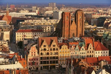 Aerial view of Stare Miasto with Market Square, Old Town Hall and St. Elizabeths Church from St. Mary Magdalene Church in Wroclaw, Polandの写真素材